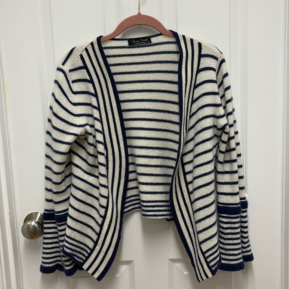 Claudia Nichole 100% Cashmere Nautical White & Blue Stripe Cardigan- Medium - Picture 1 of 8